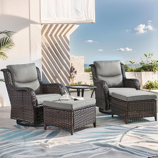 Patio Conversation Set with Smile-Shaped Cushions, Luxury Outdoor Swivel Chairs with Side Table and Ottomans, 5PCS PE Rattan Swivel Glider Chairs Set, Brown Wicker|Grey Cushions
