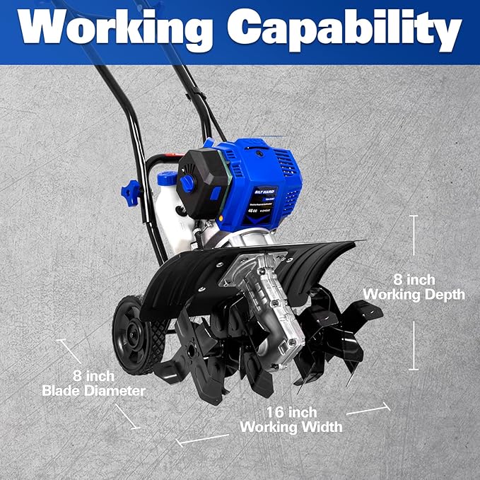BILT HARD 46cc 4-Cycle 1.9HP Gas Powered Tiller Cultivator - 16" Heavy-Duty Steel Tines Rototiller, Adjustable Wheels & Cushioned Handle Grips for Plowing, Tilling, Weeding in Garden, Farm