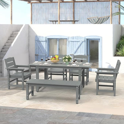 6-Piece HIPS Patio Dining Set, Outdoor Dining Table and Chairs Set with Umbrella Hole, Weatherproof Dining Table Set for 6 Person, Patio Furniture Set for Outside Deck, Grey