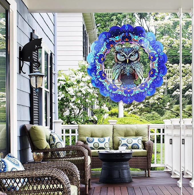 Wind Spinners Owl Arts12 inch 3D Stainless Steel Laser Cut Metal Art Geometric Pattern Wind Sculpture Hanging for Yard Garden Decorations Gifts Indoor Outdoor