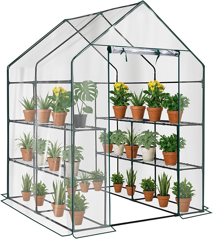 Outvita Walk-in Greenhouse, Outdoor Durable PVC Plant Green House for Frost Protection with 3 Tiers 8 Shelves, Shelf Clips, Roll-up Zipper Door, 56"x56"x77" Transparent
