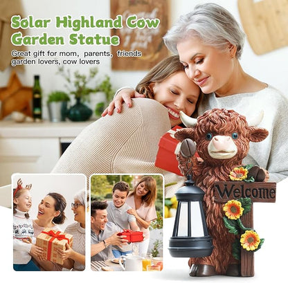 Solar Highland Cow Garden Decor - Outdoor Waterproof Resin Statues with LED Lights, Solar Patio Figurines for Yard & Lawn (1-Pack, Auto On/Off)