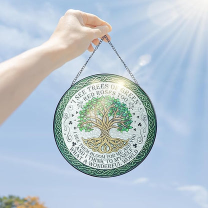 FLAGWIX Christmas Tree of Life Gifts for Women Men - Stained Glass Window Hanging 8 in - Birthday Gifts for Friend Family, Tree of Life Decor Suncatchers for Windows Hanging, Celtic Garden Decor
