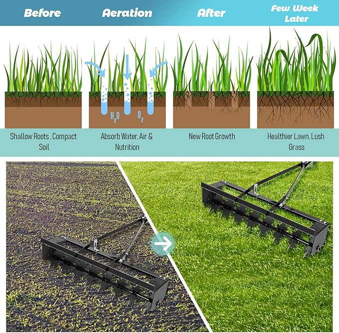 45 Inch Towed Spike Aerator, Tractor Lawn Aerator with 8 Steel Spike Discs, Mower Hitch, Lawn Soil Penetrator with Extra Wide Drawbar for Farm, Planting (Black, 45 Inch)