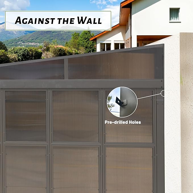12x16FT Lean to Sunroom Kit All Season, Aluminum Wall Mounted Solarium with Galvanized Steel Slope Sun Room Roof, 2 Sliding Double Doors, PC Windows, Enclosed Permanent Gazebo for Patio, Deck