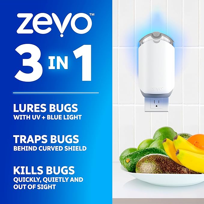 Zevo 4 Flying Insect Traps & 4 Cartridges - Plug In Fly Trap & Indoor Bug Catcher for Gnats, House & Fruit Flies - Mess-Free - Use in Any Room - Uses Blue & UV Light (4 Plug In Devices & 4 Cartridges)