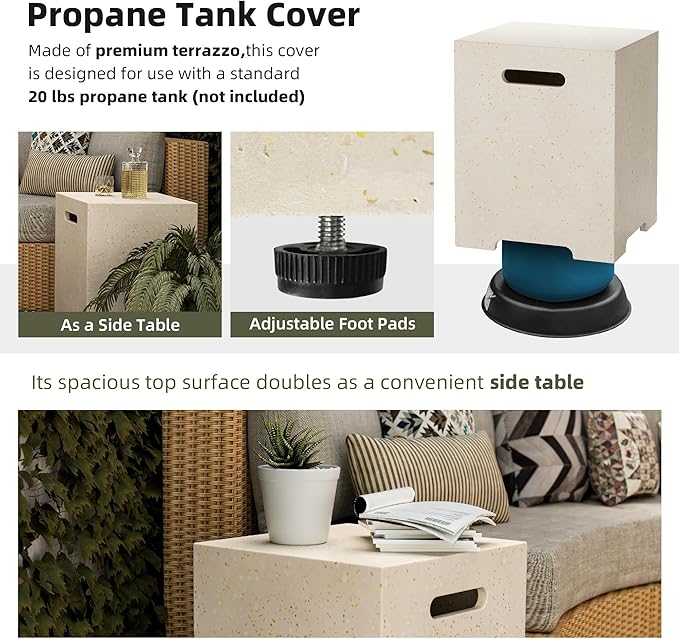 UPHA 42-inch Outdoor Propane Gas Fire Pit Table 50000 BTU Concrete Rectangle FirePit for Outside Patio with Propane Tank Cover, Wind Guad, White Glass Rocks, Rain Cover,Beige