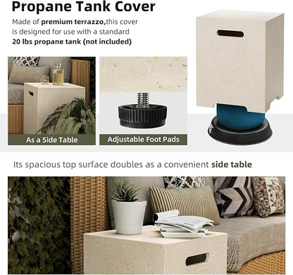 UPHA 42-inch Outdoor Propane Gas Fire Pit Table 50000 BTU Concrete Rectangle FirePit for Outside Patio with Propane Tank Cover, Wind Guad, White Glass Rocks, Rain Cover,Beige