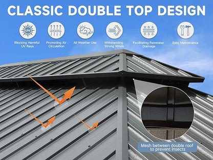Domi 14' X 20' Hardtop Gazebo Outdoor Metal Gazebo Canopy with Galvanized Steel Double Roof, Aluminum Frame, Curtains and Netting for Patio, Deck, Garden, Grey