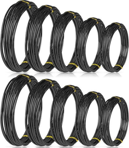 10 Rolls Bonsai Wires Anodized Aluminum Bonsai Training Wire in 5 Sizes - 1.0 mm, 1.5 mm, 2.0 mm, 2.5 mm, 3.0 mm, Total 164 Feet (Black)