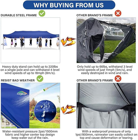 COBIZI 10x30 Pop up Canopy Tent 10x30 Canopy No Sidewall Waterproof Heavy Duty Commercial for Parties Outdoor Garden Gazebo Tent, Carry Bag with Wheel(10x30ft No Sidewalls, Dark Blue)