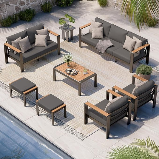 Aluminum Outdoor Patio Furniture Set with Coffee Table, 7 Piece Patio Conversation Sets with Thick Cushion, Ottomans, Outdoor Sectional Furniture Set for Porch, Balcony, Deck, Yard, Graphite