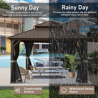 Domi Hardtop Gazebo 10x10FT, Aluminum Outdoor Gazebo with Galvanized Steel Double Roof Canopy, Curtains and Netting Included, Metal Gazebo Permanent Pavilion for Patio, Lawn, Garden, Brown