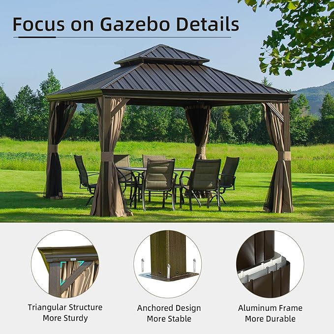 Domi Outdoor Living 12’ X 12’ Hardtop Gazebo, Outdoor Aluminum Frame Canopy with Galvanized Steel Double Roof, Outdoor Permanent Metal Pavilion with Curtains and Netting for Patio, Backyard and Lawn