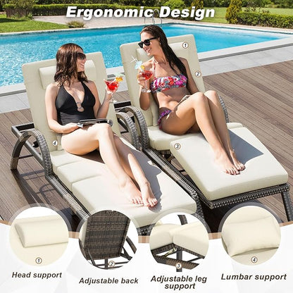 MEISSALIVVE Outdoor Lounge Chairs Set of 4, Patio Chaise Loungers with Adjustable 5-Position & Leg Support, PE Rattan Chaise Lounge, Wicker Pool Recliners Chair for Backyard, Porch, Deck, （Brown