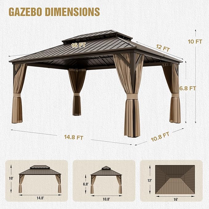 COOS BAY 12x16 Hardtop Gazebo with Aluminum Frame, Galvanized Steel Double Roof Outdoor Pavilion with Netting and Curtains, Dark Brown/Tan