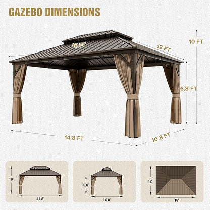 COOS BAY 12x16 Hardtop Gazebo with Aluminum Frame, Galvanized Steel Double Roof Outdoor Pavilion with Netting and Curtains, Dark Brown/Tan