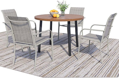 5 Pieces Round Dining Table Set for 4, Patio Dining Set Includes 4 Grey Stackable Patio Chairs and 1 Walnut Round Table, Patio Furniture Sets with Sling Support for Outside, Garden