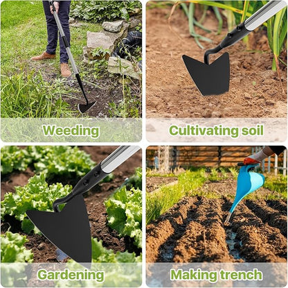 Warren Hoe Garden Tool, Heavy Duty Garden Hoes for Weeding Long Handle, Easy Stand Up Triangle Weeder Tool for Garden, 35-66 inch Adjustable Gardening Hoe for Weed, Trench, Loosen Soil, Landscape