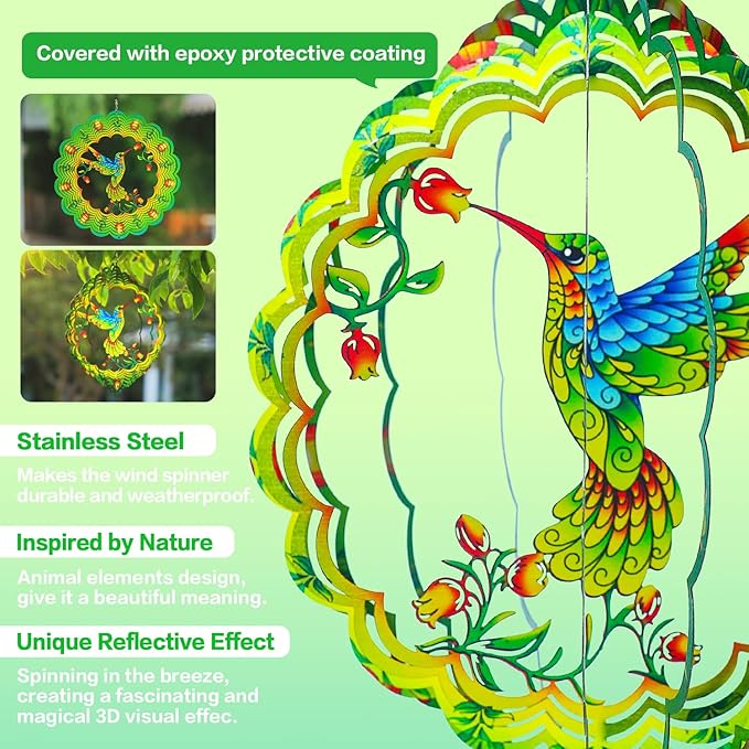 Hummingbird Wind Spinners Hummingbird Gifts for Women/Men 12 inch 3D Stainless Steel Hanging Wind Spinner Metal Bird Wind Catchers Kinetic Sculpture for Indoor/Outdoor Decor,Yard Art,Garden Decoration
