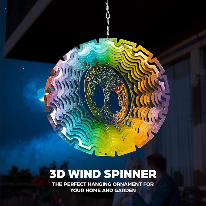 Skylar Tree of Life Wind Spinner, Stainless-Steel Garden Decor, 3D Wind Charm with Holographic Effect, Unique 12-Inch Sun Catcher, Foldable Ornament with 2 Support Hooks for Hanging