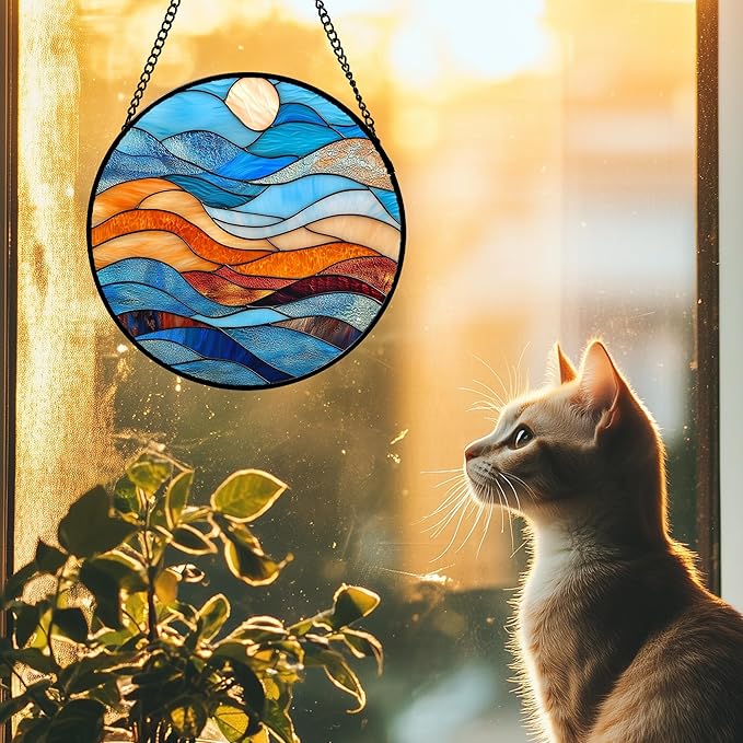 Stained Glass Window Hanging 4 Pcs Set Blue Orange Ocean Beach Theme Large 15" - Suncatcher Door Garden Sun Catcher Decor Birthday Christmas for Mom Woman Nana Men Wife