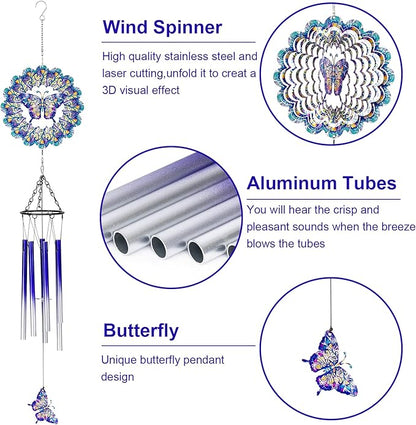 TUOKING Wind Chimes for Outside Butterfly Wind Spinner Windchimes Hanging Decoration for Outdoor Yard Garden Patio, Unique Gift for Mom,Women,Chimes Lovers