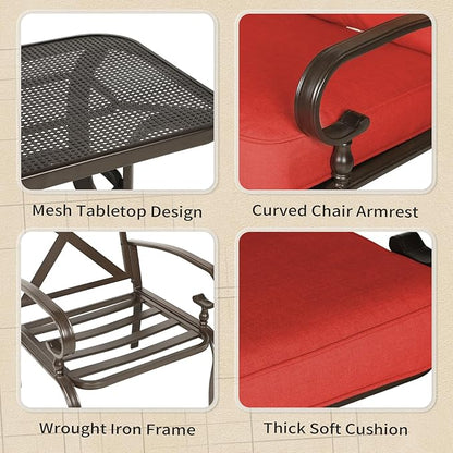 4-Piece Outdoor Metal Furniture Sets Patio Conversation Set Wrought Iron Loveseat, 2 Single Chairs, Coffee Table with Cushion, Lawn Front Porch Garden, Red
