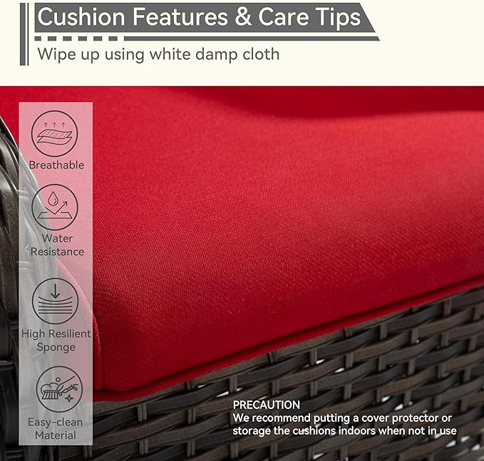 4 Piece Patio Furniture Set, 2 Swivel Glider Chairs and 2 Ottomans PE Wicker Footstool, Outdoors Rattan Conversation Set with Deep Seating and Olefin Cushions, for Backyard, Garden, Red