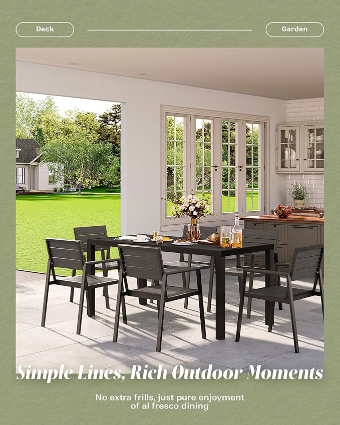 Outdoor Dining Set for 6, Patio Table and Chairs Set, Aluminum Patio Furniture Set with Umbrella Hole, HDPS Patio Dining Table Set for 6 (Charcoal)