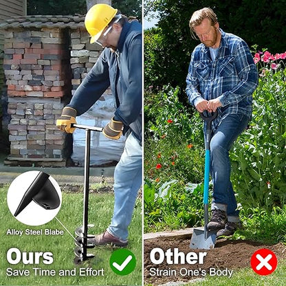 Heavy-Duty T-Shaped Hand Drill Auger Post Hole Digger with Non-Slip Handle - 4" & 6" x 38" Spiral Drill Bit for Planting Bulbs, Trees, Fences, Umbrella Holes in Garden & Soft Soil