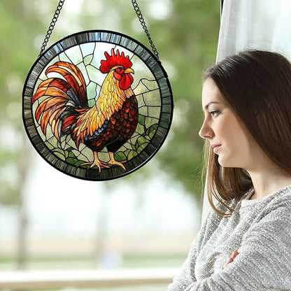 Stained Glass Window Hanging - Rooster Suncatcher for Doors Garden Patio Retro Colored Chicken Sun Catchers Decor Christmas Mother's Day Birthday Gifts for Women Men Mom Nana Friend 6.3 in