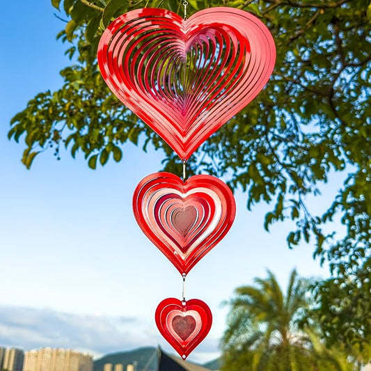 Wind Spinners Outdoor, 3D Red Hearts Hanging Wind Spinners, 14 inches, Kinetic, Stainless-Steel Metal, Smooth Spinning, Indoor and Outdoor Decoration for Garden, Patio, Yard, Gift for Women Mom Wife