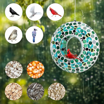 Yinns Bird Feeder - Fly Through Hanging Glass Large Bird Feeders for Outdoors Circle Wild Bird Mosaic Feeders Seed Container 9 inch