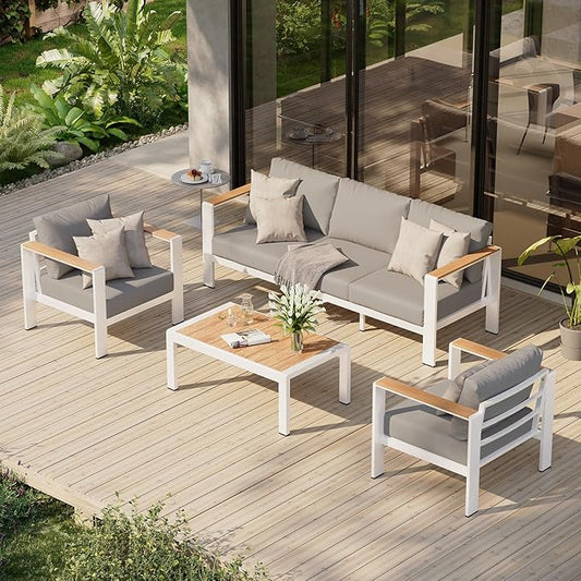 Aluminum Outdoor Patio Furniture Set with Coffee Table, 4 Piece Outdoor Conversation Sets with Washable Thick Cushions, Patio Sectional Furniture Set for Porch, Balcony, Deck, White