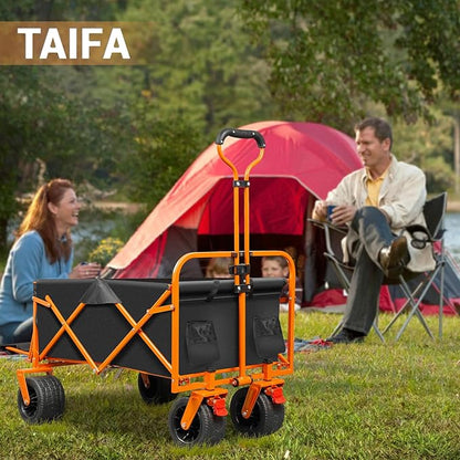 TAIFA Foldable Collapsible Wagons Cart with Extra Long Tailgate, Portable Beach Utility Wagon with Big Wheels and Brakes for Sand Shopping Camping Sports Outdoor, Black and Orange