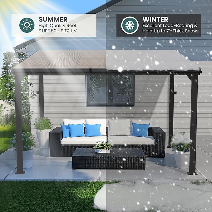 10 * 24FT Wall Mounted Gazebo,4*4 Inch Thickened Pillars & Enlarged Base,Outdoor Hardtop Lean to Pergola,UV Resistant Polycarbonate Roof,Aluminum Frame Pergola,Outdoor Patio Awnings for Lawn