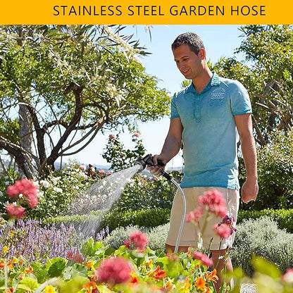 25ft Metal Garden Hose Stainless Steel Heavy Duty Water Hose With 2 Nozzles, No Tangle and Kink, Lightweight & Flexible, Tough and Pet Proof, Metal Garden Hose for Yard, RV, Garden, Outdoor