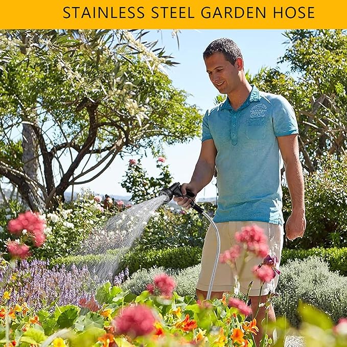 100ft Metal Garden Hose Stainless Steel Heavy Duty Water Hose With 2 Nozzles, No Tangle and Kink, Lightweight & Flexible, Tough and Pet Proof, Metal Garden Hose for Yard, RV, Garden, Outdoor