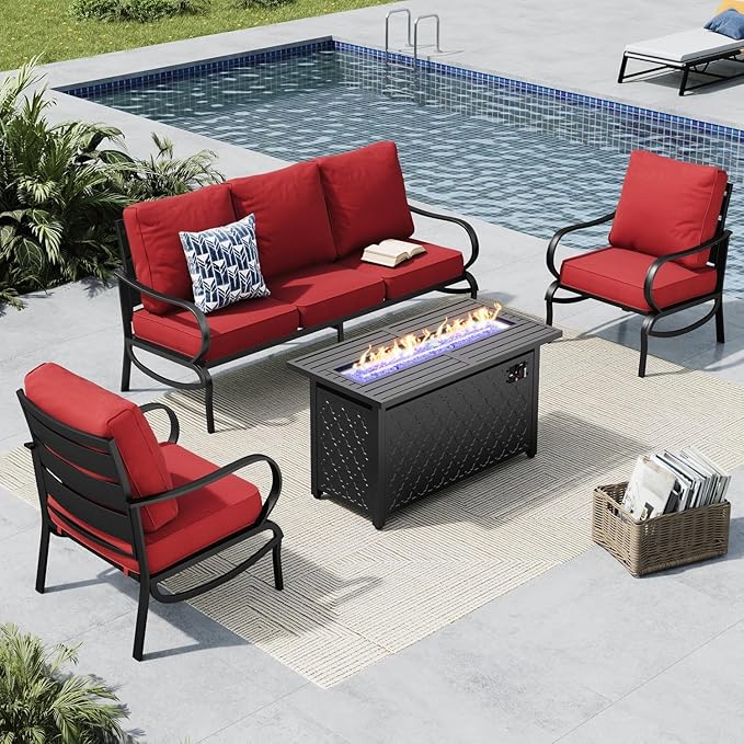 MFSTUDIO 4 Piece Patio Conversation Sets, All Weather Metal Frame Outdoor Furniture Set Patio Sofas with 1 x 45 Rectangular Fire Pit Table, 1 x 3-Seat Sofa, 2 x Sofa Chairs, Burgundy Red Cushion