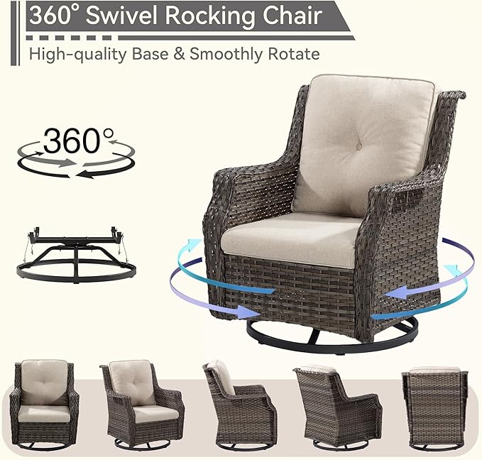 Swivel Patio Chair Outdoors - 360 Degree, Glider Chair with 3.5" Olefin Fabric Cushions (Mixed Grey Rattan/Beige)