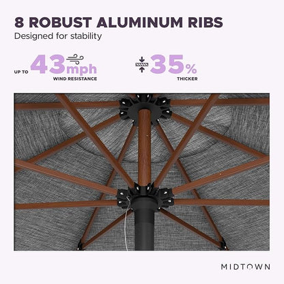 Midtown Umbrellas The Wooden 8 Feet Patio Umbrella With Sunbrella Cast Slate Acrylic Fabric - Aluminum Frame Market Umbrella For Backyard, Deck, Garden, Pool - Wooden Pole
