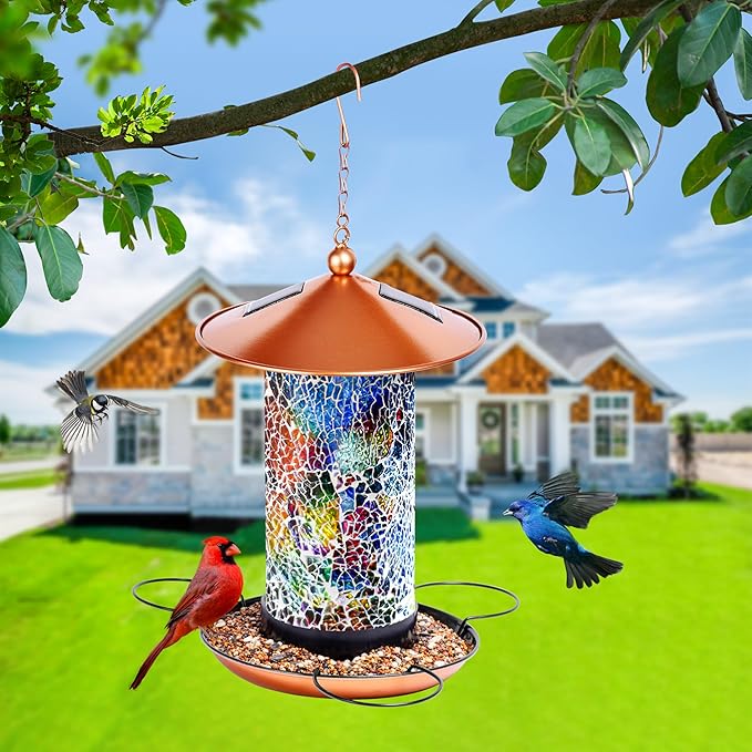 XDW-GIFTS Mosaic Solar Wild Bird Feeder, Waterproof Lantern Shape with S-Hook & 4 LED Lights, Garden Decor for Lawn, Patio, Balcony, Yard Ornament - Unique Gifts for Mom, Women, Grandma, Bird Lovers