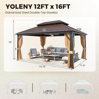 YOLENY 12' x 16' Gazebo Hardtop with Aluminum Frame,Galvanized Steel Double Roof Gazebos with Curtain and Netting,Outdoor Metal Pergolas for Garden, Lawn, Deck, Brown