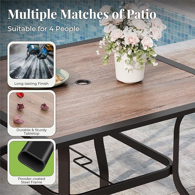 5 Pieces Patio Table and Chairs Set, 4 Person Outdoor Dining Furniture Set, 4 Red Textilene Chairs and 37" Wood-Like Table Top Table with Umbrella Hole, for Deck Backyard Lawn