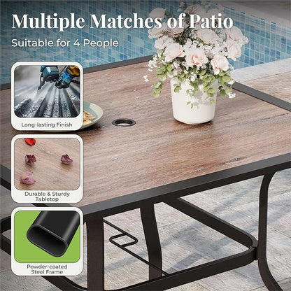 5 Pieces Patio Table and Chairs Set, 4 Person Outdoor Dining Furniture Set, 4 Red Textilene Chairs and 37" Wood-Like Table Top Table with Umbrella Hole, for Deck Backyard Lawn