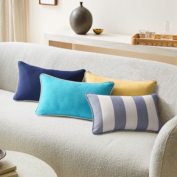 Decorative Outdoor Water Repellent Throw Pillows with Inserts, Set of 4, 20" x12" Pillows for Patio, Backyard, Bed, Couch, and Patio Furniture, Turquoise
