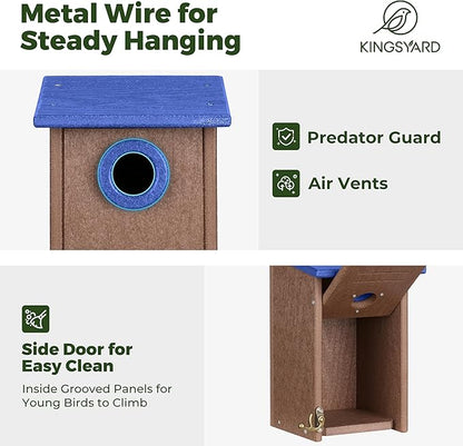 Kingsyard Recycled Plastic Bird House for Outdoors - Weatherproof Wren Bird Nesting with Predator Guard & Air Vents, Blue