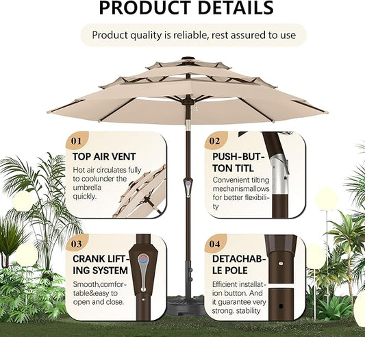 Ayge 9FT 3-Tier Large Outdoor Patio Umbrella Market Table Umbrella-UV Resistant,Easy Push Button Tilt and Crank,8 Sturdy Fiberglass Ribs Heavy-Duty Pool Umbrella for Deck,Backyard,Garden,Yard,Beige