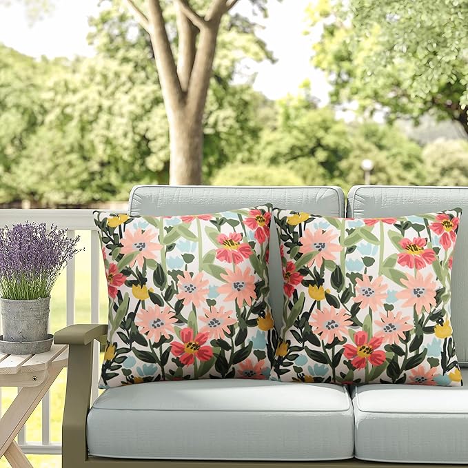 Pyonic Outdoor Pillows Cover Pack of 2 Floral Waterproof Throw Pillow Covers 20X20 inch Outdoor Pillows for Patio Furniture Garden Square Outside Waterproof Pillow
